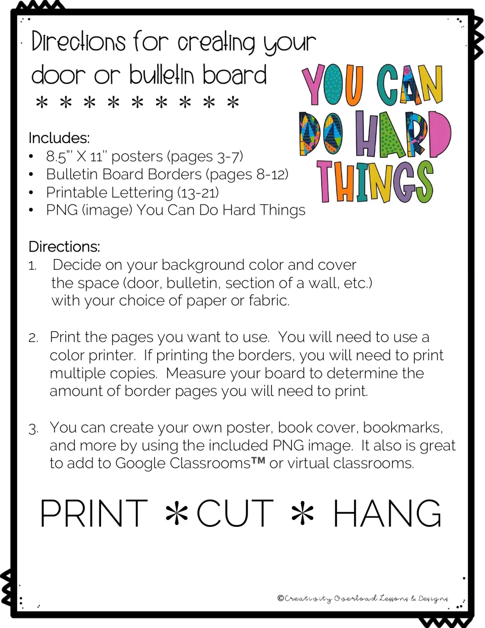 Setup directions for the door or bulletin board display: contents list, three print steps and a Print, Cut, Hang reminder
