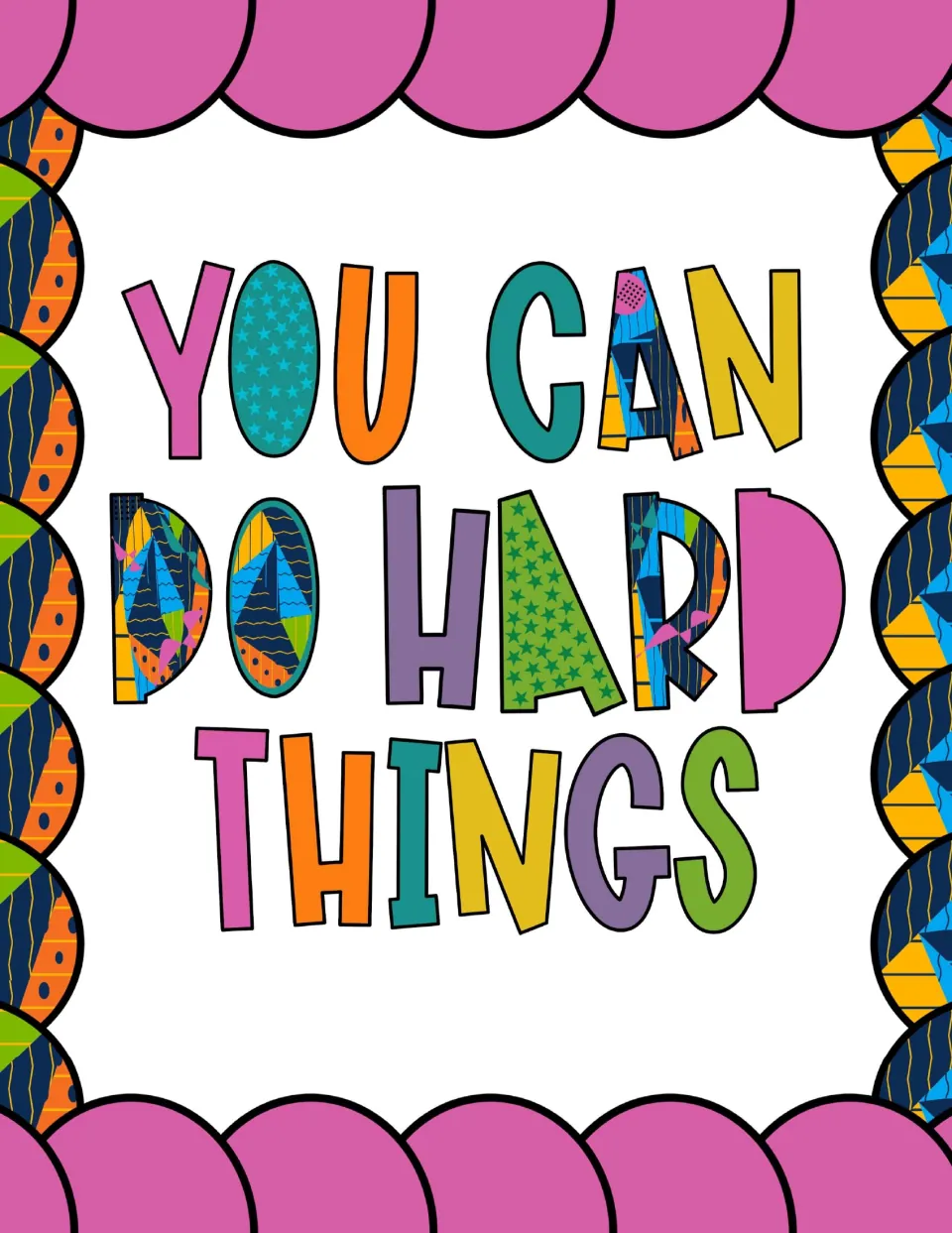 Growth mindset poster: the patterned lettered phrase framed by pink scallops top and bottom and patterned side scallops