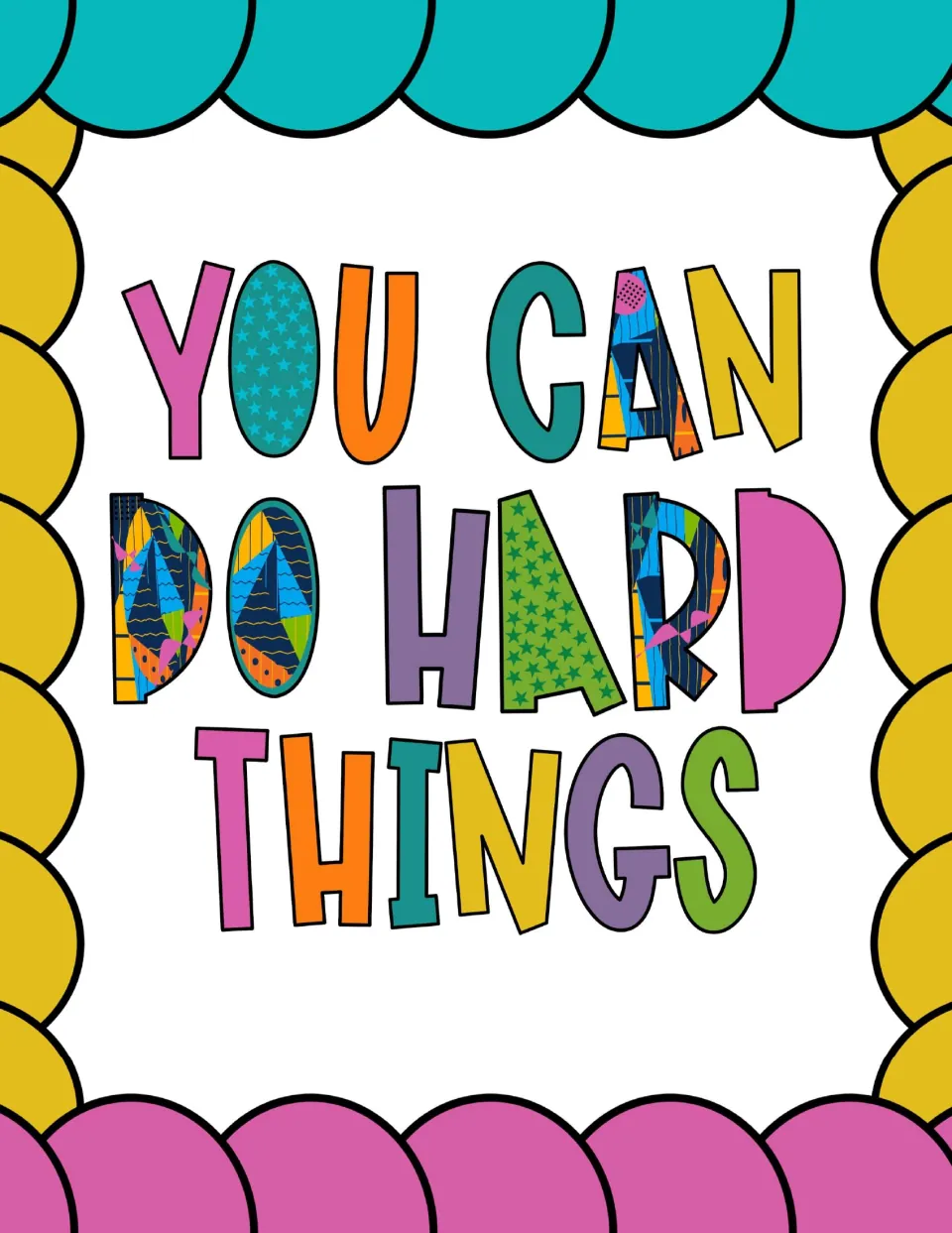Growth mindset poster: the same patterned lettering framed by teal scallops above, yellow at the sides and pink below