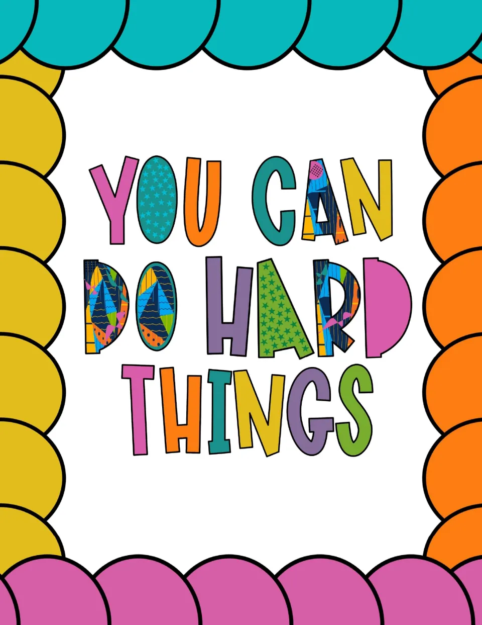Growth mindset poster: the lettered phrase framed by teal scallops above, yellow left, orange right and pink below