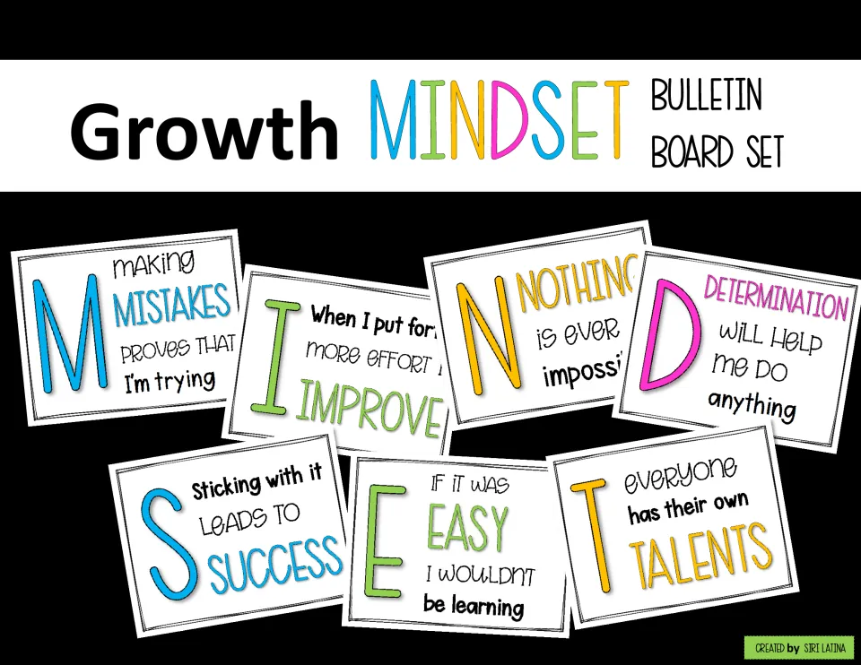 Growth Mindset Bulletin Board Set cover showing seven letter posters that spell MINDSET, each with its own motto