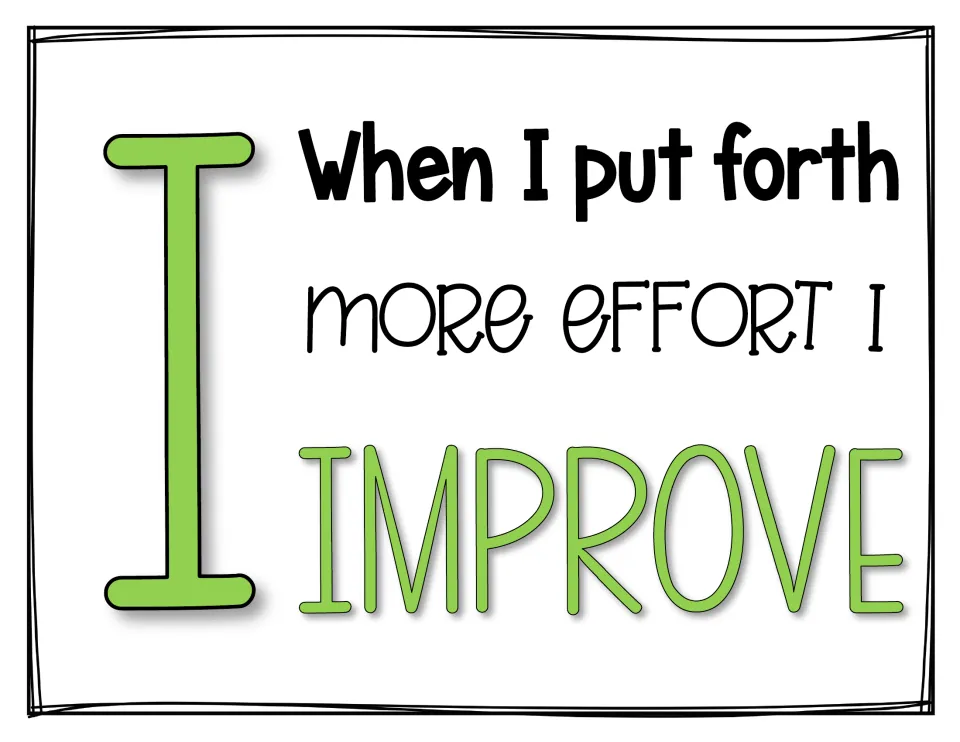 Letter I poster reading 'When I put forth more effort I improve' beside a large green I, second letter of MINDSET