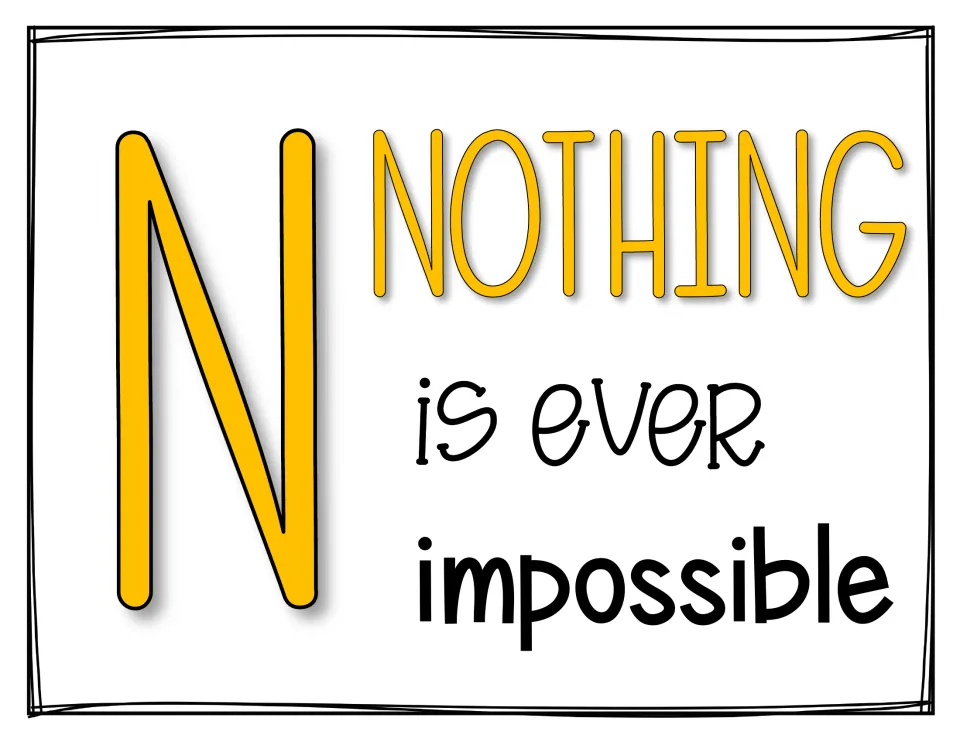 Letter N poster reading 'Nothing is ever impossible' beside a large yellow N, the third letter in the MINDSET word