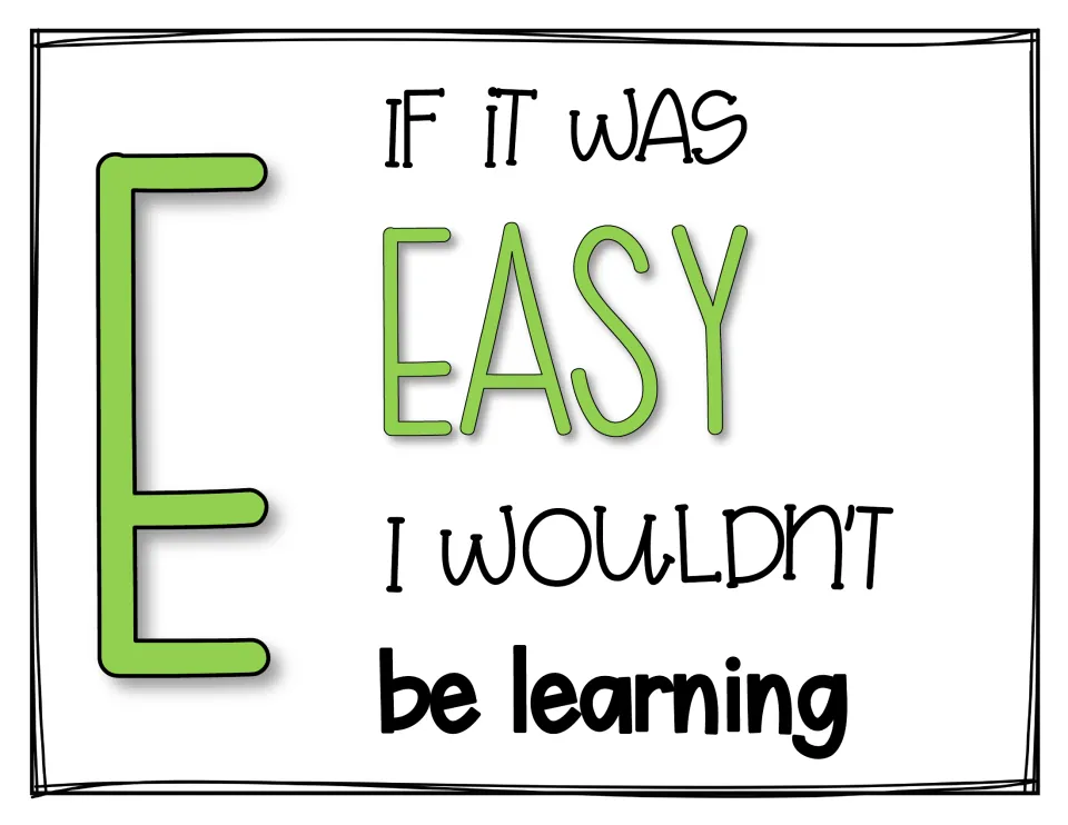 Letter E poster reading 'If it was easy I wouldn't be learning' beside a large green E, sixth letter of MINDSET