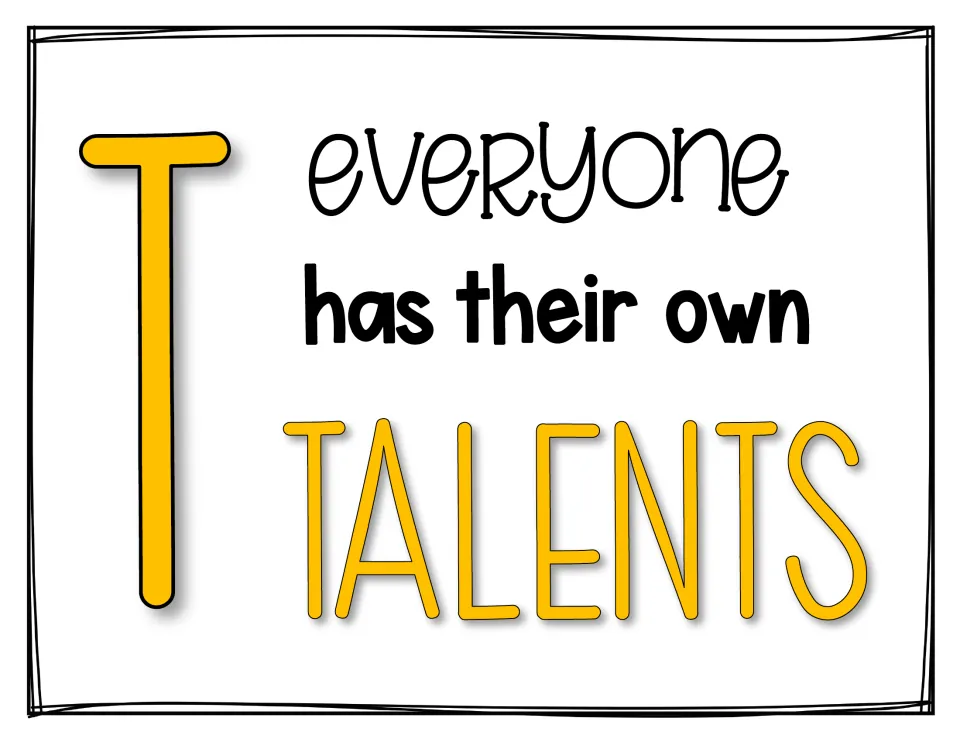 Letter T poster reading 'Everyone has their own talents' beside a large yellow T, the final letter of MINDSET