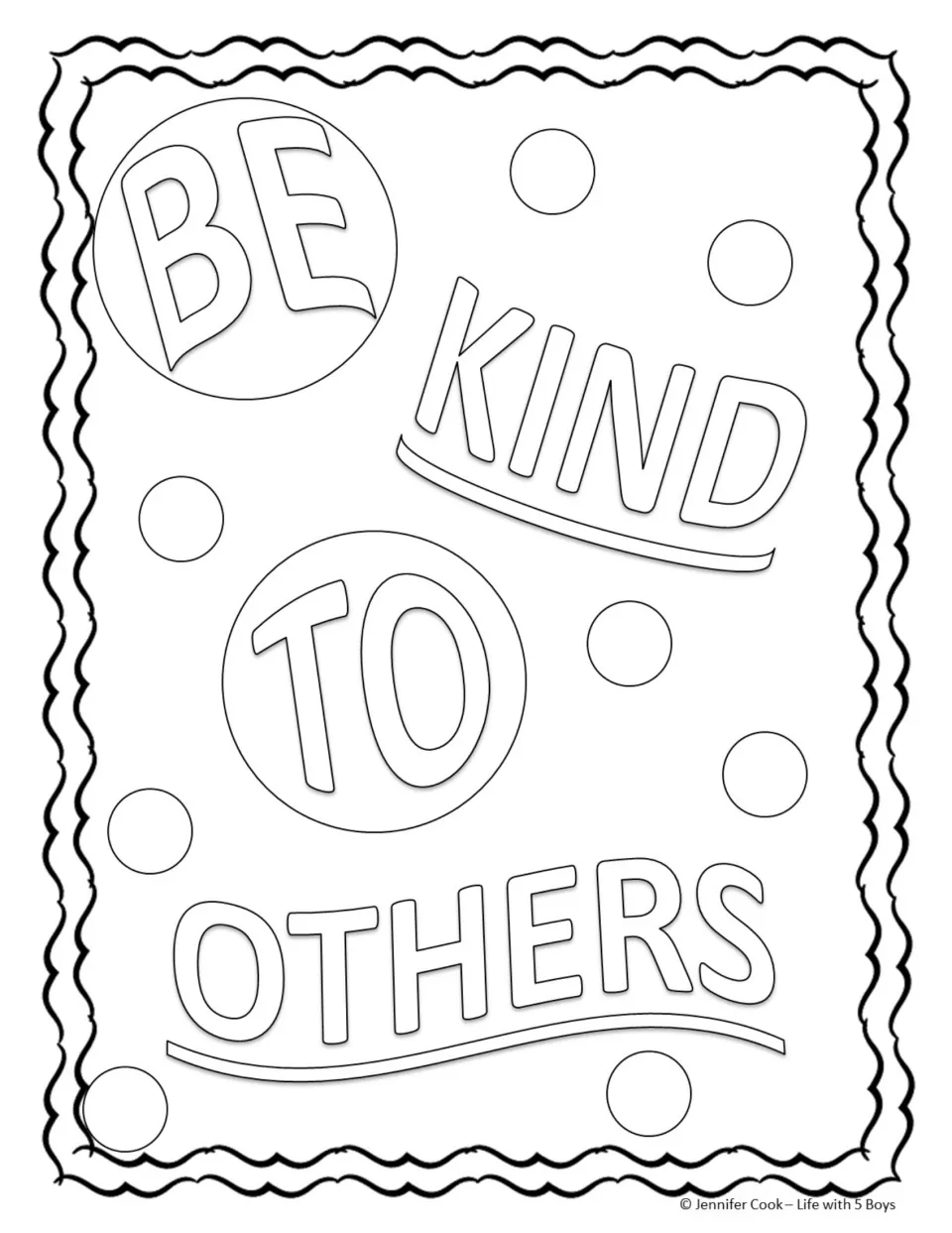 Be Kind to Others coloring page: students color bold letters, with BE and TO set inside circles among scattered dots