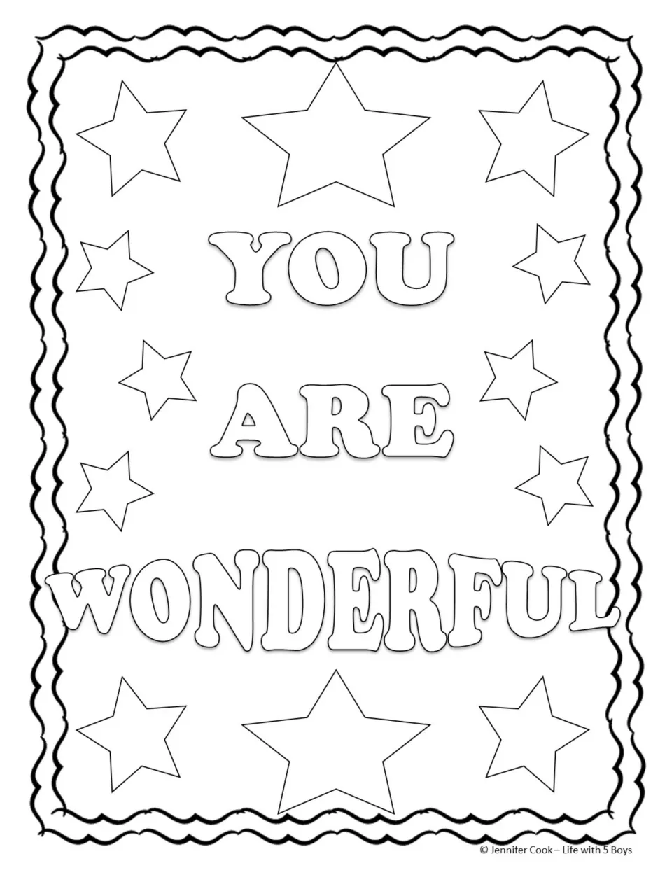 You Are Wonderful coloring page: students color large outlined capital letters surrounded by stars of different sizes