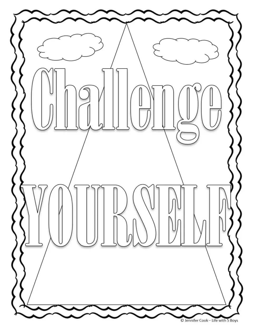 Challenge Yourself coloring page: students color tall lettering over a large mountain triangle with two clouds at the top