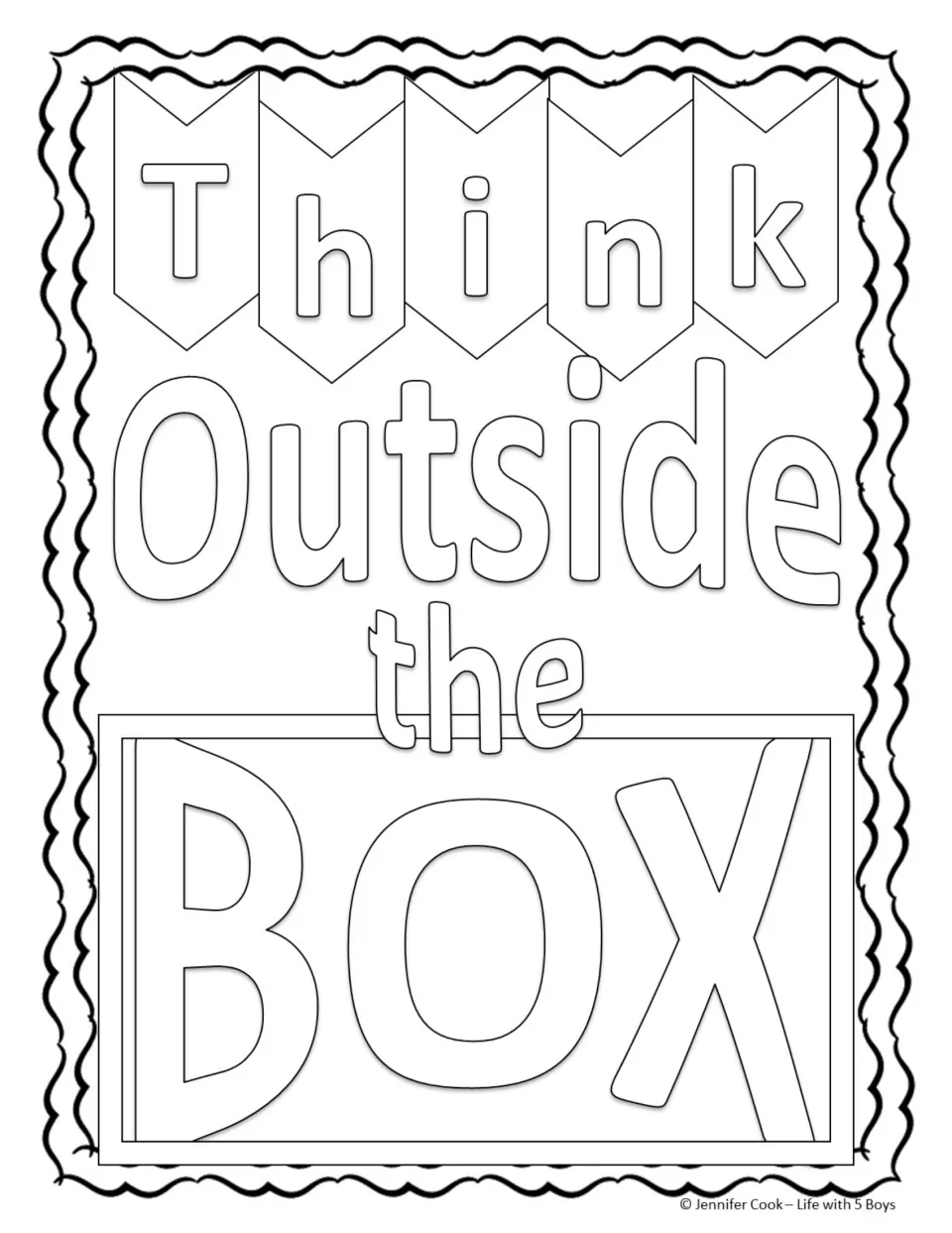 Think Outside the Box coloring page: students color THINK on five pennant flags and BOX in letters inside a rectangle