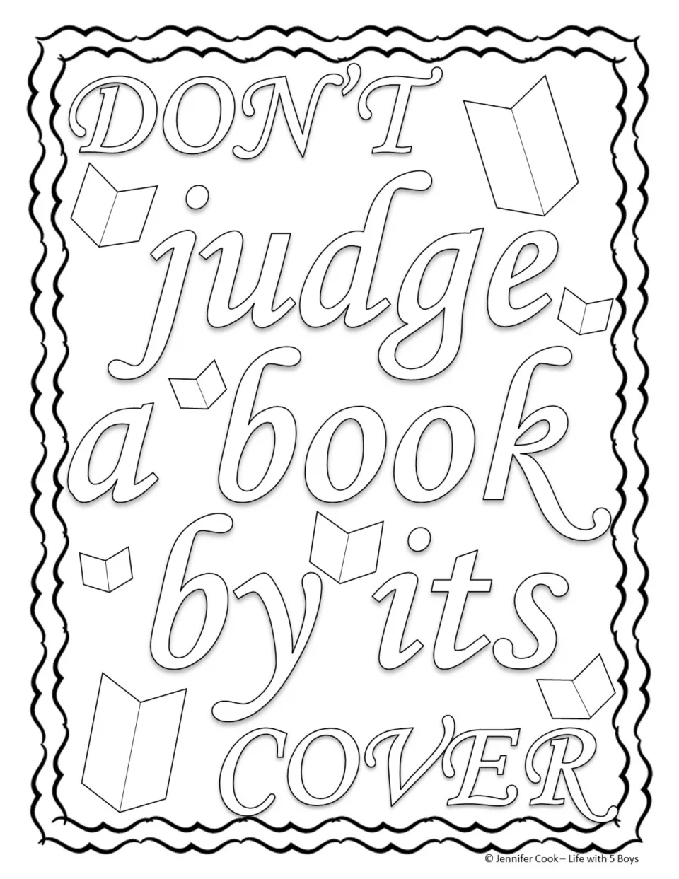Don't Judge a Book by Its Cover coloring page: students color italic lettering with small open books scattered around