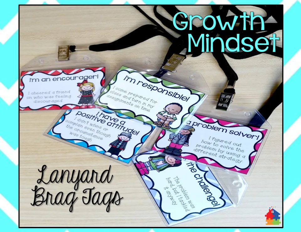 Growth Mindset Lanyard Brag Tags cover: photo of praise badges in clip holders on black lanyards, such as I'm responsible!