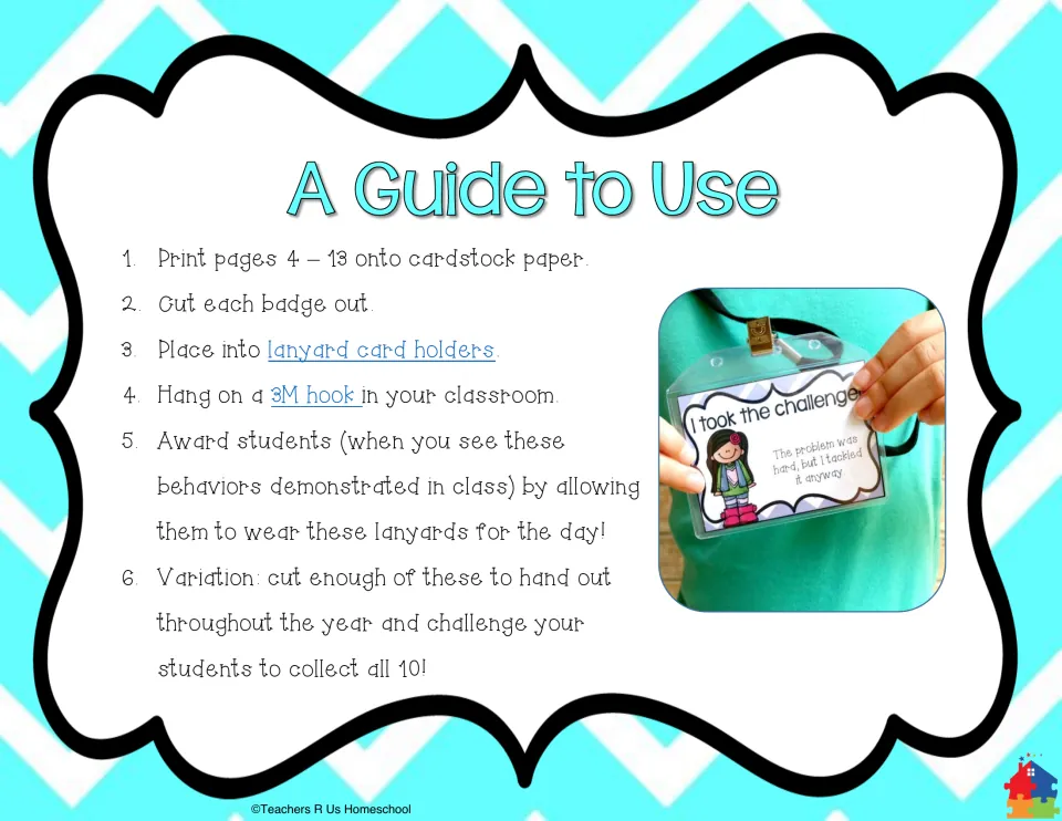 Teacher directions: print on cardstock, cut out each badge, place in card holders, hang on hooks and award for behavior
