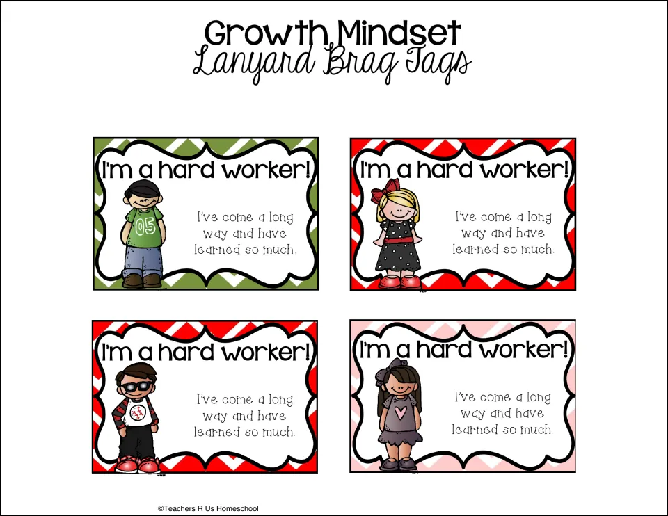 Hard-work badges: four I'm a hard worker! tags that read I've come a long way and have learned so much, each with a child