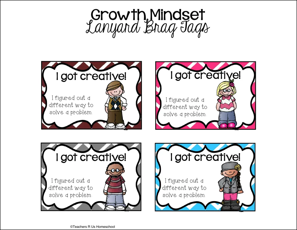 Creativity badges: four I got creative! tags reading I figured out a different way to solve a problem, each with a child