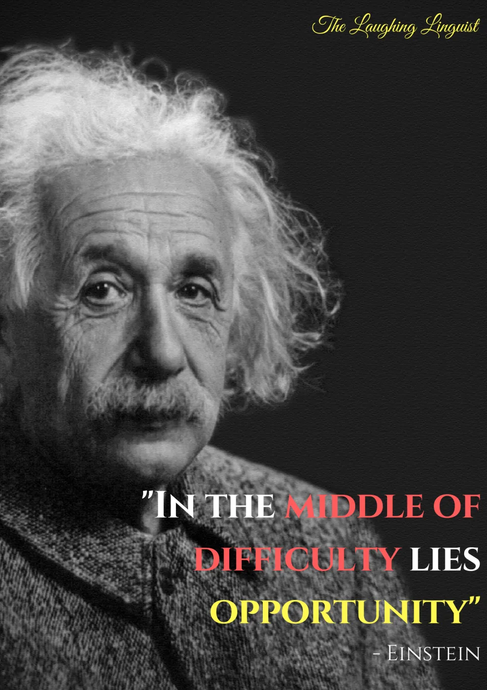Einstein portrait poster with his quote "In the middle of difficulty lies opportunity" in red, white and yellow lettering