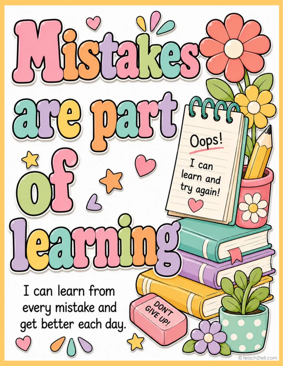 Growth mindset poster: 'Mistakes are part of learning' and 'I can learn from every mistake and get better each day.'
