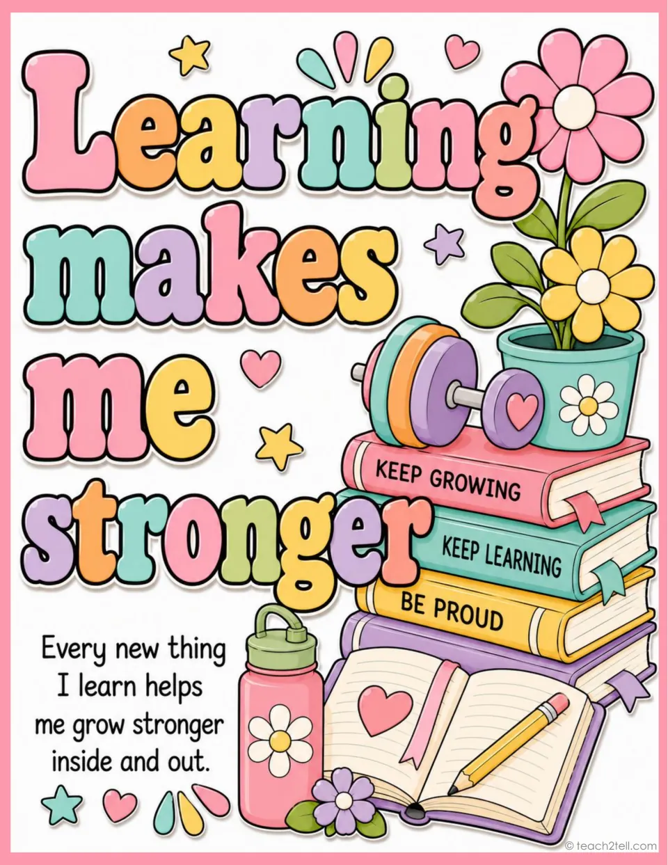 Growth mindset poster: 'Learning makes me stronger,' with a reminder that learning builds strength inside and out.
