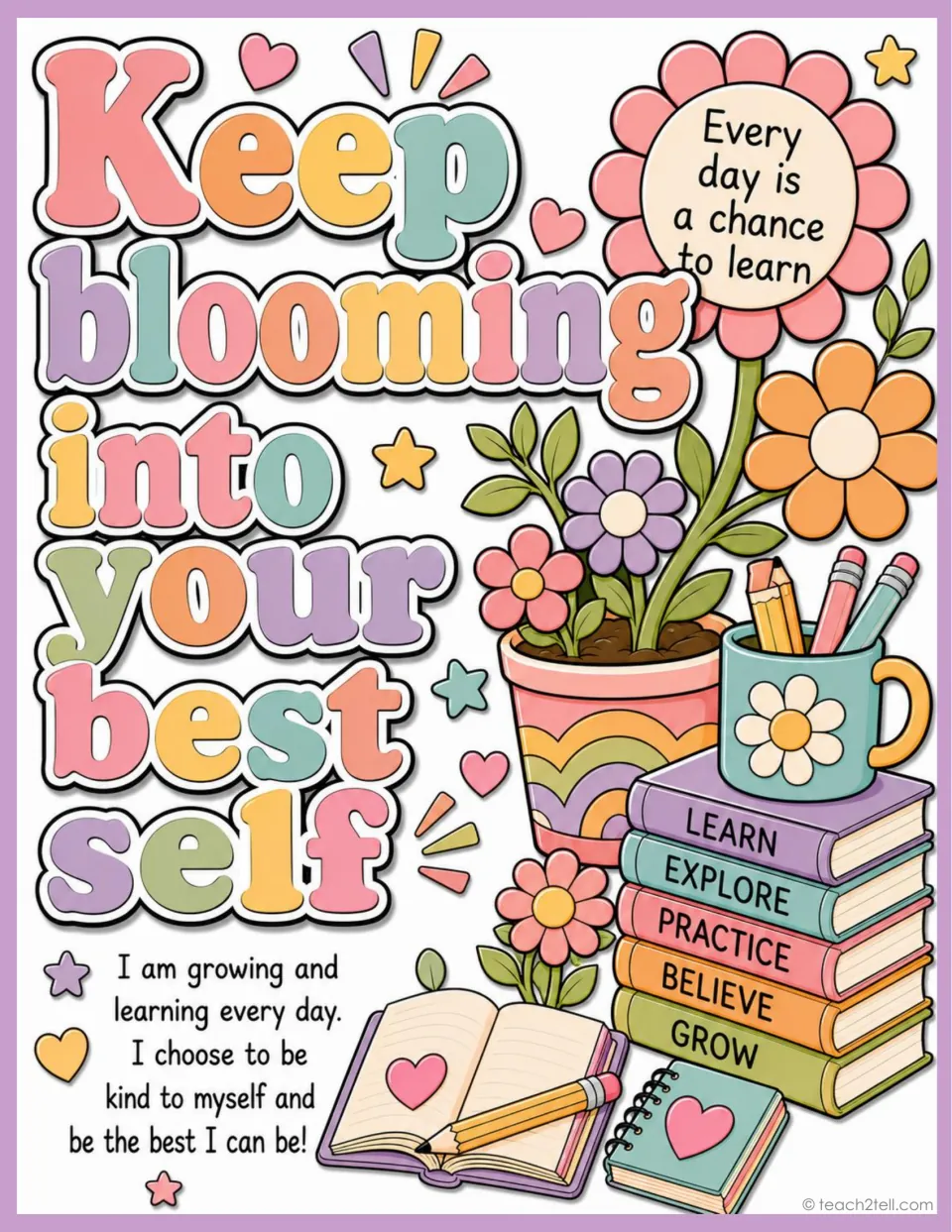 Growth mindset poster: 'Keep blooming into your best self,' with a reminder to learn daily and be kind to yourself.