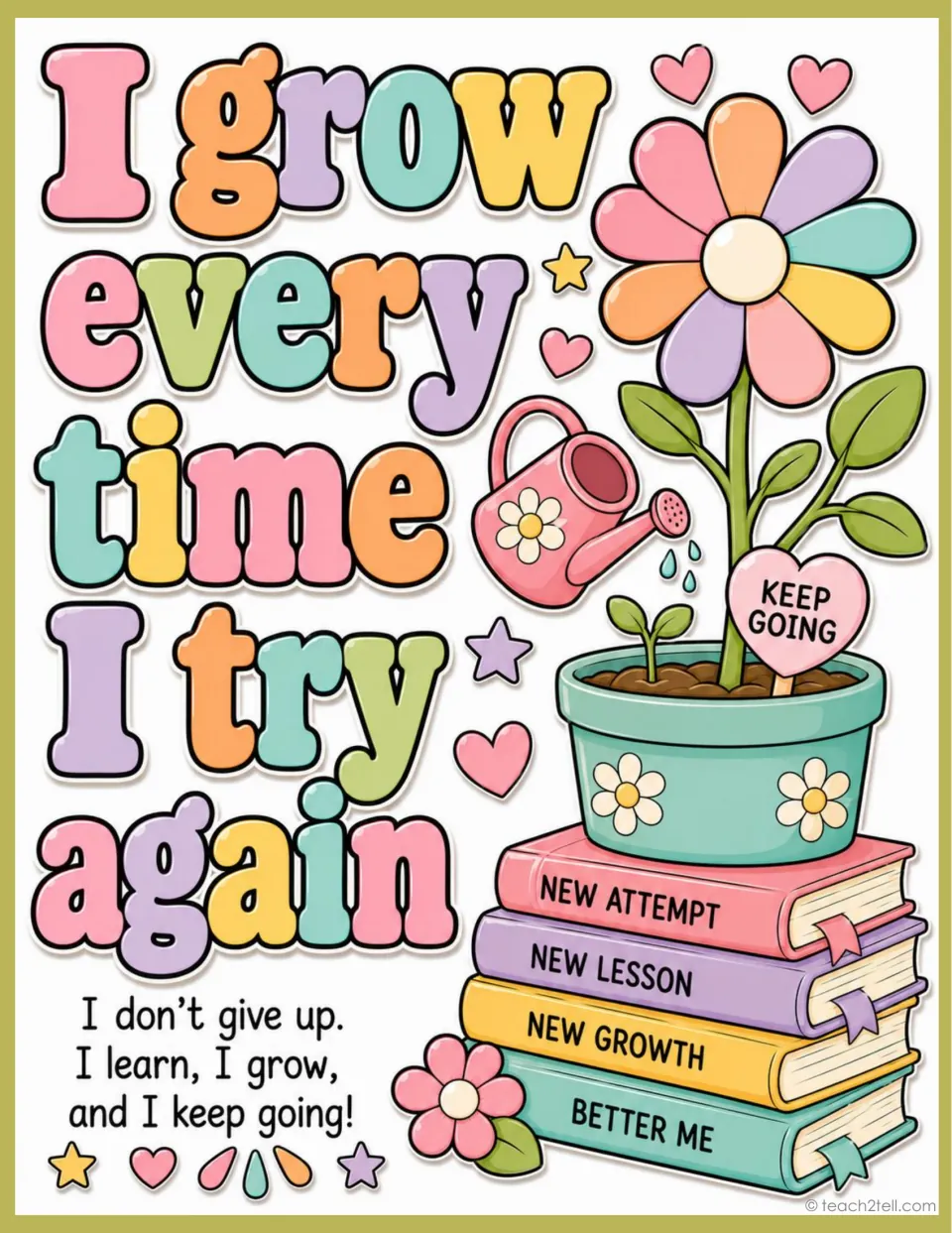 Growth mindset poster: 'I grow every time I try again' and 'I don’t give up. I learn, I grow, and I keep going!'