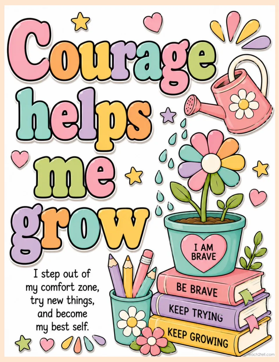 Growth mindset poster: 'Courage helps me grow,' with a reminder to step out of your comfort zone and try new things.