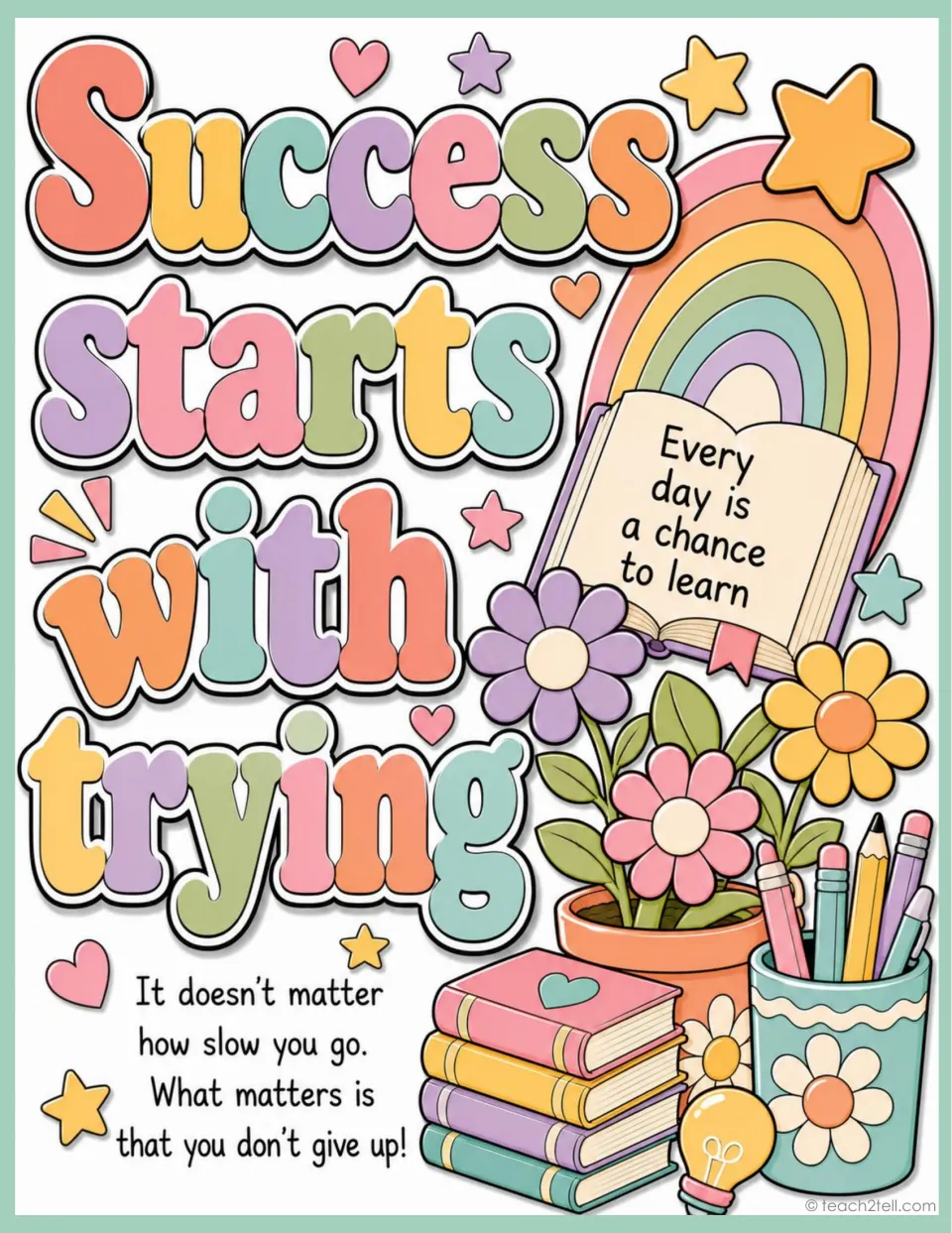 Growth mindset poster: 'Success starts with trying,' with a reminder to keep going even when progress is slow.