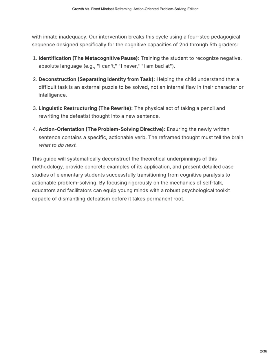 Four-step reframing sequence: identification, deconstruction, linguistic restructuring and action-orientation explained