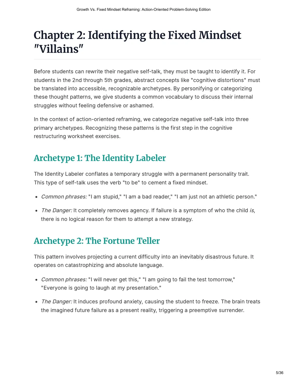 Chapter 2, fixed mindset villains: the Identity Labeler and Fortune Teller, each with common phrases and its danger