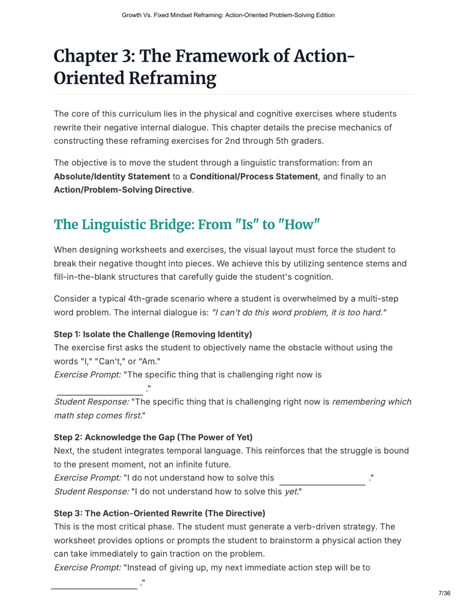 Chapter 3, from "is" to "how": isolate the challenge, add "yet" and write an action step, with fill-in prompts