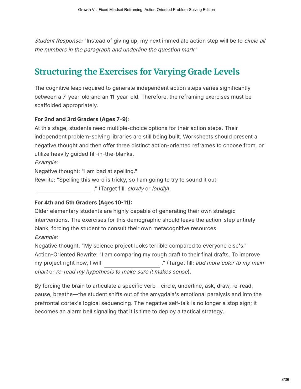 Scaffolding reframing exercises: multiple-choice or guided blanks for ages 7-9, open action steps for ages 10-11