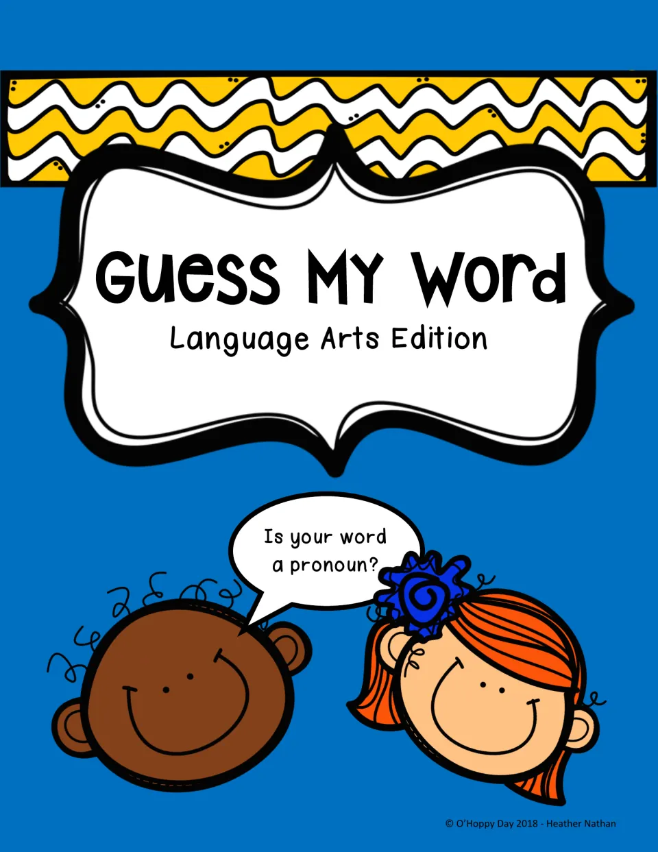 Guess My Word Language Arts Edition cover: two cartoon kids, one asking 'Is your word a pronoun?' in a speech bubble