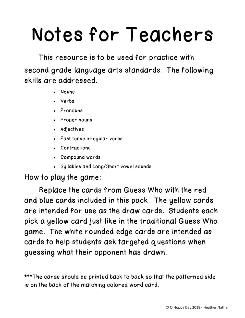 Teacher notes listing skills from nouns and verbs to contractions and vowel sounds, plus how to swap cards into Guess Who
