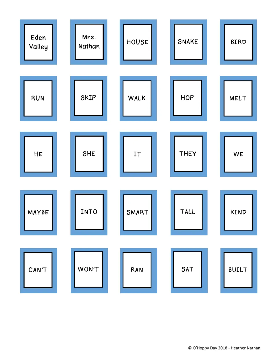 Blue game cards with 25 words across parts of speech: Eden Valley, HOUSE, RUN, SKIP, HE, THEY, SMART, CAN'T, RAN, BUILT