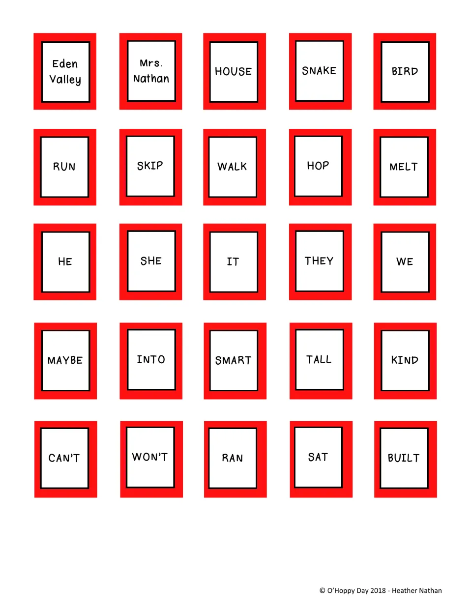 Red word cards repeating the 25 words, including proper nouns Mrs. Nathan, verbs like HOP and MELT, and pronouns IT, WE