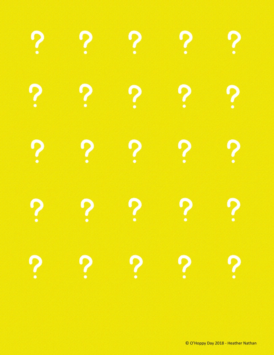 Yellow card backs showing 25 white question marks, printed behind yellow draw cards that hide each player's mystery word