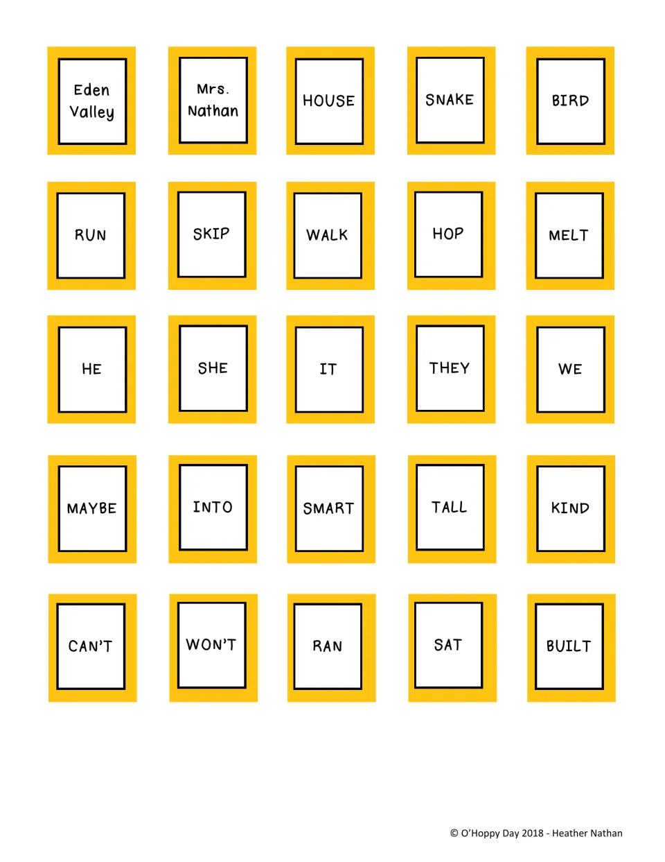 Yellow draw cards with the same 25 words; each player secretly picks one for the partner to guess, like SNAKE or WON'T