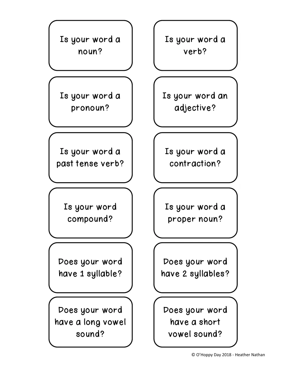 Question cards to narrow the secret word, such as 'Is your word a contraction?' or 'Does your word have 2 syllables?'