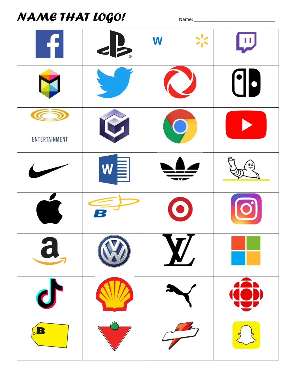Name That Logo! brand quiz: students name each of 32 logos, including the Nike swoosh, Apple, Shell and Snapchat