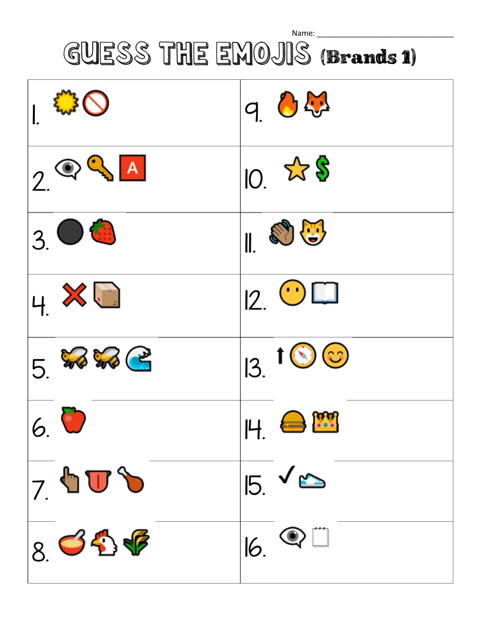 Brands 1 worksheet: 16 emoji clues, including a sun and prohibition sign, an eye with a key and A, and an apple