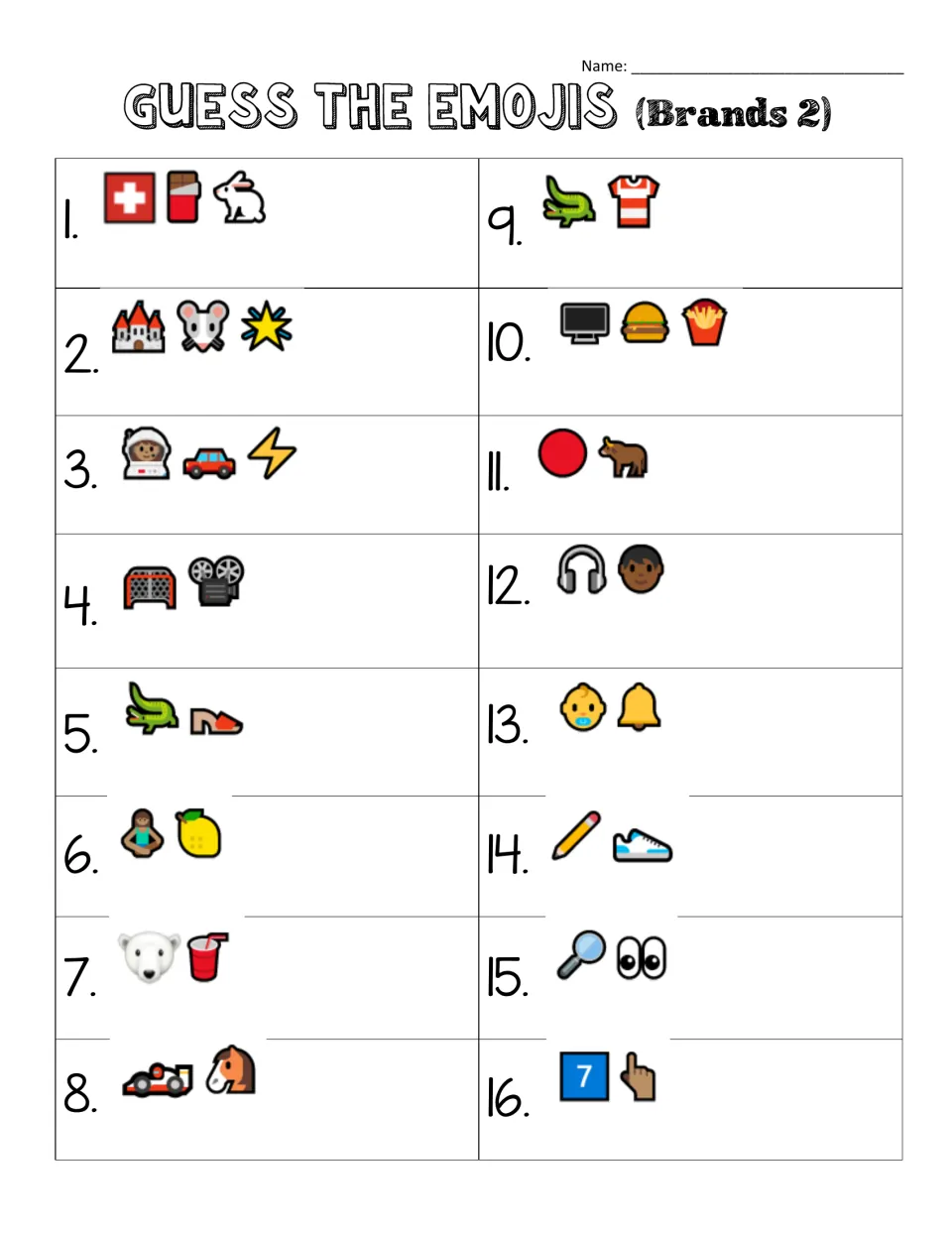 Brands 2 worksheet: 16 emoji clues, including a castle with a mouse and star, a red circle and bull, and headphones