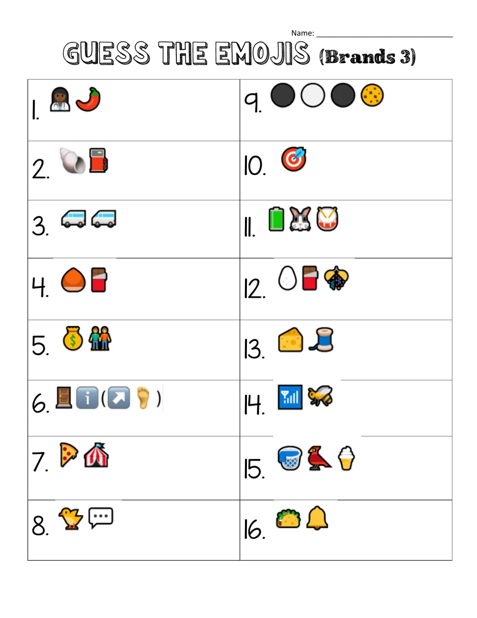 Brands 3 worksheet: 16 emoji clues, including a doctor and pepper, two vans, a target, and a taco with a bell