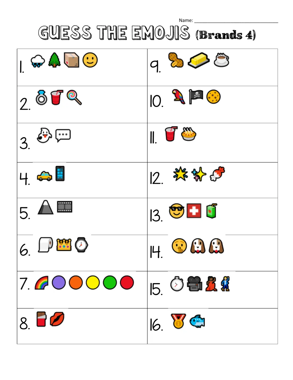 Brands 4 worksheet: 16 emoji clues, including a ghost and speech bubble, a taxi and phone, and chocolate with lips