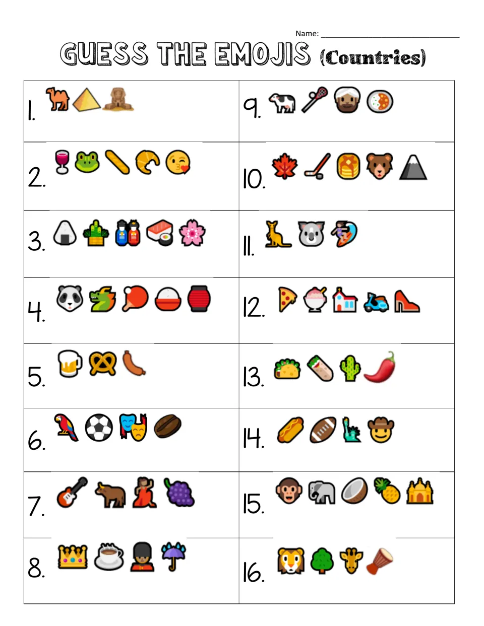 Countries emoji puzzle: students decode 16 emoji clue sets, such as a camel, pyramid and sphinx, and name each country