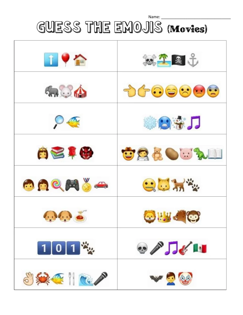 Guess the Emojis (Movies): students decode 16 emoji clue strings, like an up arrow, balloon and house, into film titles