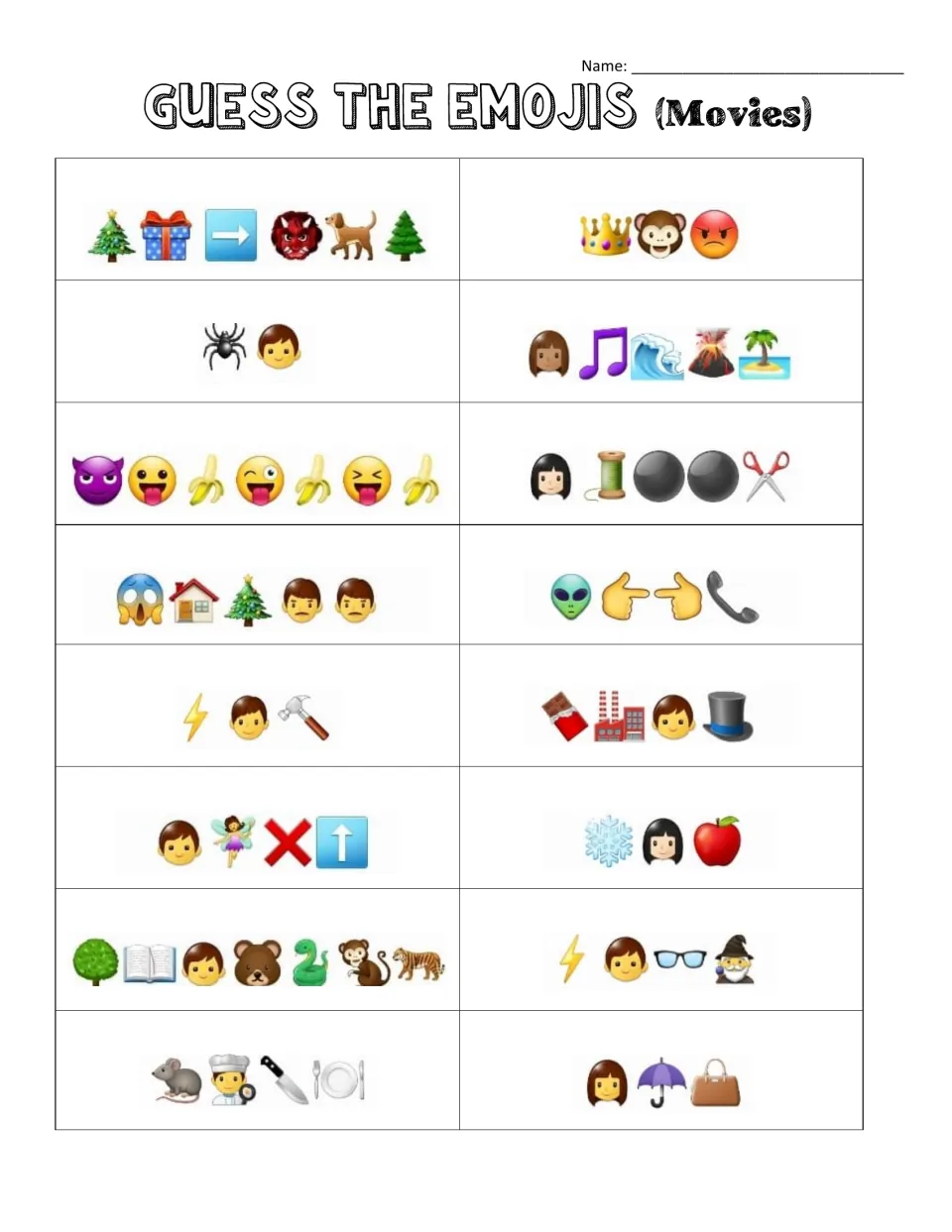 Movie emoji puzzles: students name the film from 16 clue strings, including a spider and boy or a snowflake, girl and apple