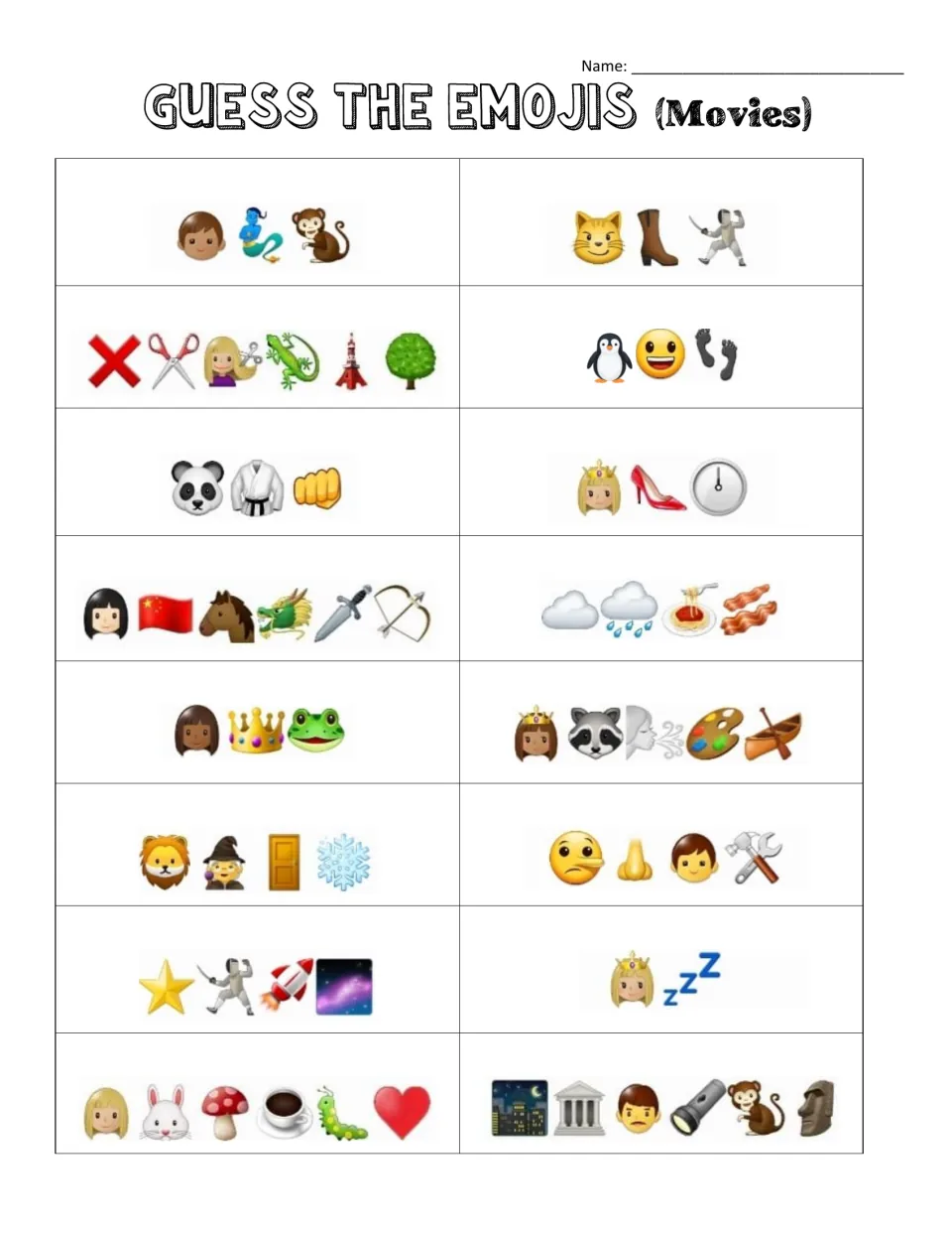 Emoji movie riddles: students translate 16 picture clues, like panda, karate gi and fist, or a penguin and feet, into titles