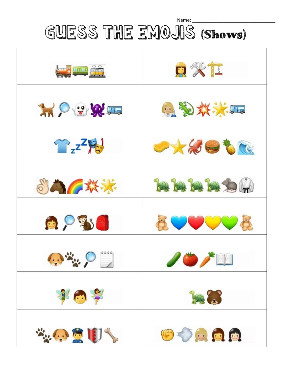 Guess the Emojis (Shows): students identify 16 TV shows from emoji clues such as a sponge, star and pineapple or four turtles