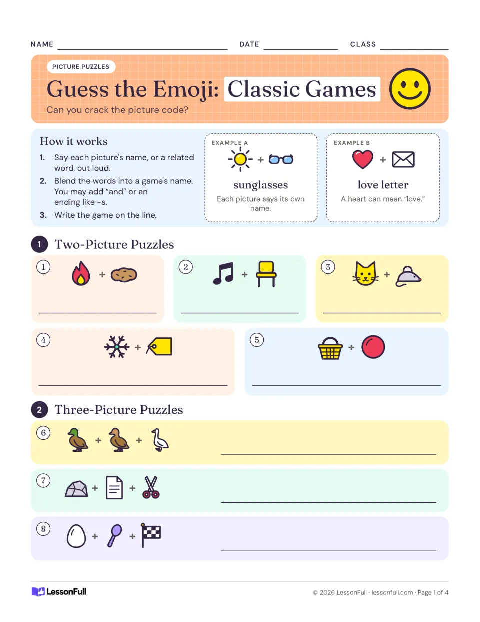 Emoji picture puzzles: two and three-picture clues students blend into names of classic games, with worked examples