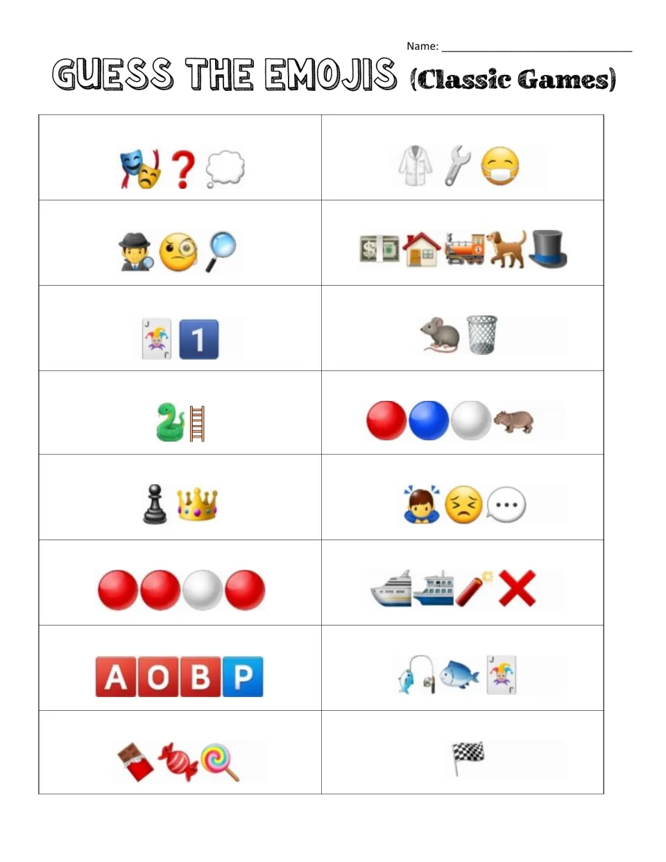 Classic games emoji puzzle: students decode 16 emoji clues, such as a snake and ladder, to name each board or card game
