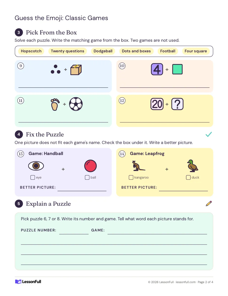 Students match emoji puzzles to games in a word box, fix puzzles for Handball and Leapfrog, and explain one puzzle