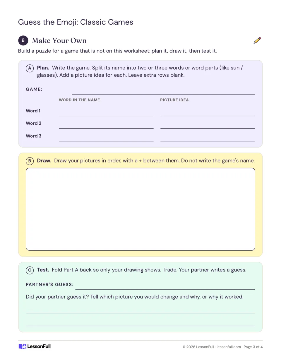 Make your own emoji puzzle: plan the words of a game name, draw the picture clues, then test it on a partner